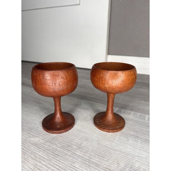 Vintage Teak Carved Stem Cups Mid Century Modern Set of 2 - Picture 3 of 10